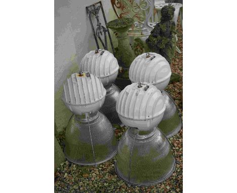 Four Holophane industrial light fittings with substantial glass shades, suitable for domestic adaptation. Height 60cm, Diamet