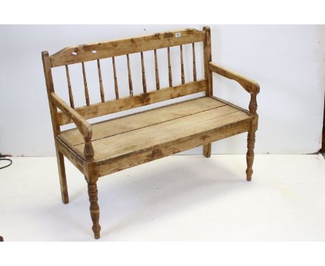 19th century style Pine Hall Bench with turned spindle back , 116cms long x 97cms high x 55cms deep 