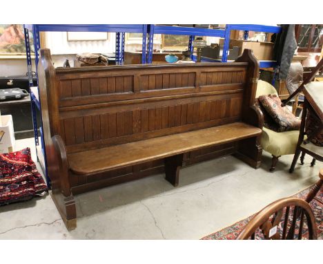 Victorian Oak Gothic Church / Chapel Pew with shelf and cupboard to back, 206cms long x 120cms high x 51cms deep 