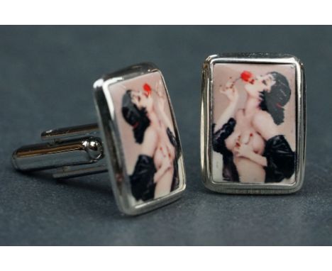 Pair of silver and enamel panelled cufflinks depicting a nude lady 