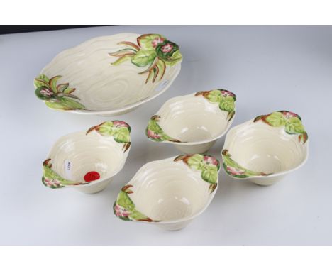 Clarice Cliff Moulded Relief Dish, 22cms long together with Four matching dishes 