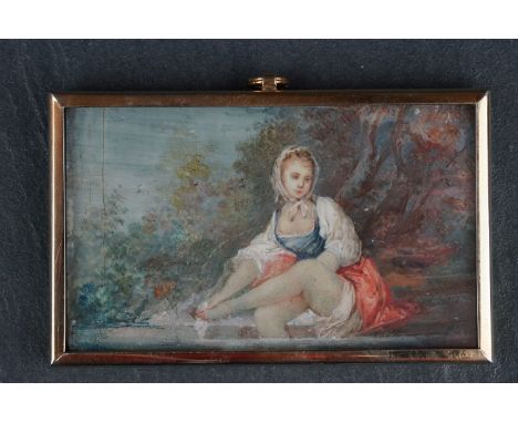 A hand painted framed and glazed miniature portrait of a lady on the riverside. 