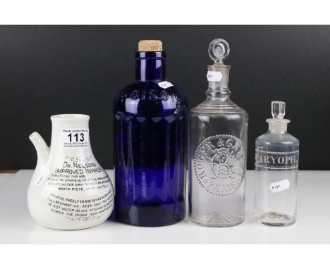 Blue Glass Poison Bottle together with 19th century Glass Apothecary / Chemists Bottle and Stopper with etched name, Roger &a