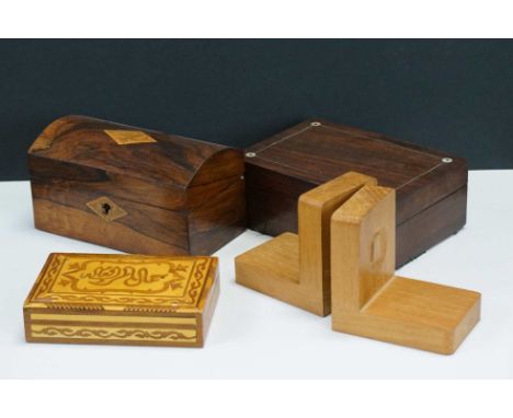 A collection of boxes to include a Victorian inlaid rosewood small jewel box with tray, a Victorian inlaid dome top trinket b