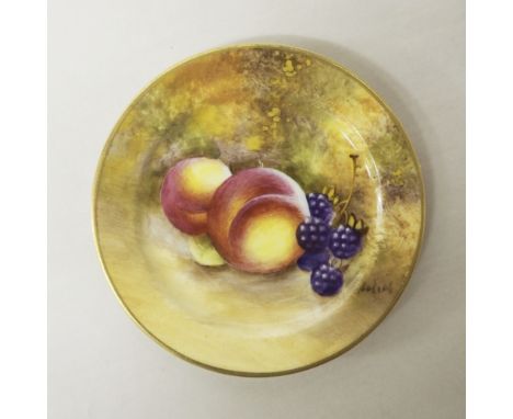 Royal Worcester porcelain 'Fruit' miniature plate, painted by William Roberts, black printed mark and date code for 1952, 9cm
