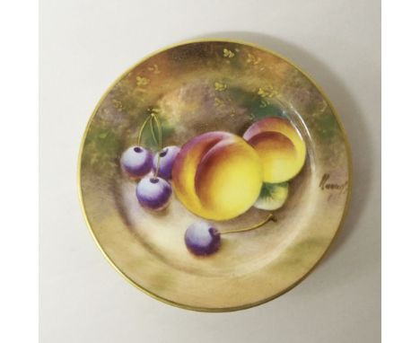 Royal Worcester porcelain 'Fruit' miniature plate, painted by William Roberts, black printed mark and date code for 1955, 9cm