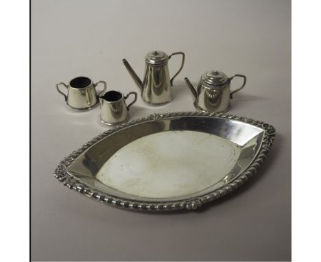 Elizabeth II silver miniature four piece tea and coffee service with matched tray, Birmingham &amp; London 1973