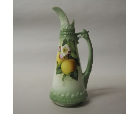 Royal Worcester porcelain green ewer, painted with fruit by F. Parker, green printed mark, date code for 1905 and shape No. 1