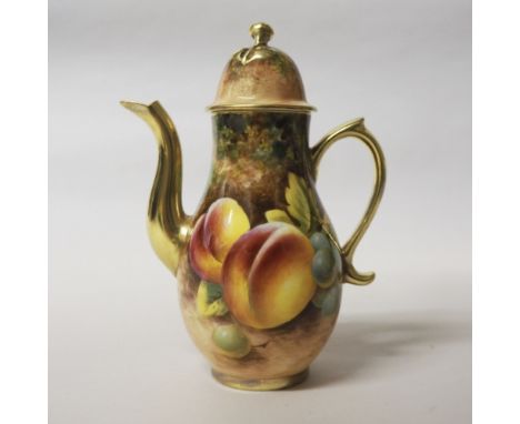 Royal Worcester porcelain 'Fruit' miniature coffee pot, painted by William Roberts, black printed mark and date code for 1955