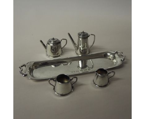 Elizabeth II silver miniature four piece tea and coffee service with tray by A. Marston &amp; Co, Birmingham 1978