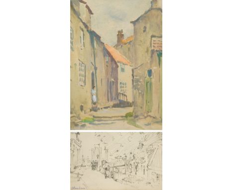 Owen Bowen (Staithes Group 1873-1967): 'Robin Hoods Bay' and 'Rotterdam', watercolour and pencil sketch signed max 36cm x 27c