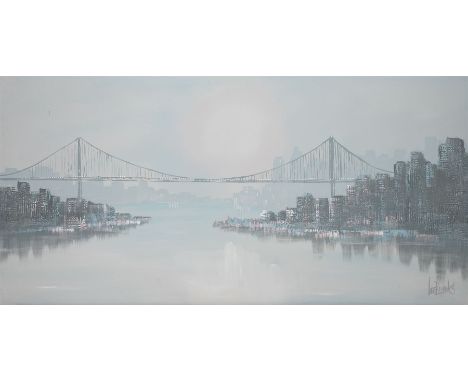 Lee Reynolds (American 1936-2018): Cityscape - Staten Island New York, oil on canvas signed 75cm x 150cm