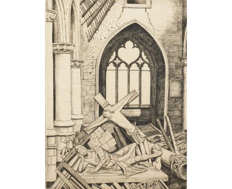 Frederick George Austin (British 1902-1990): Ruined Church Interior with Crucifix and Knight Tombstone, drypoint etching sign