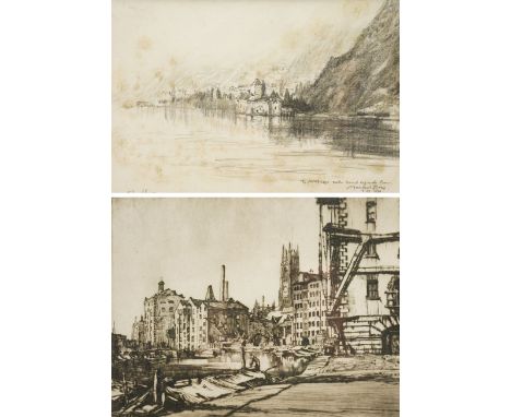 Sir Muirhead Bone (Scottish 1876-1953): 'Leeds Warehouses' and Chateau on the River, drypoint etching and pencil sketch signe