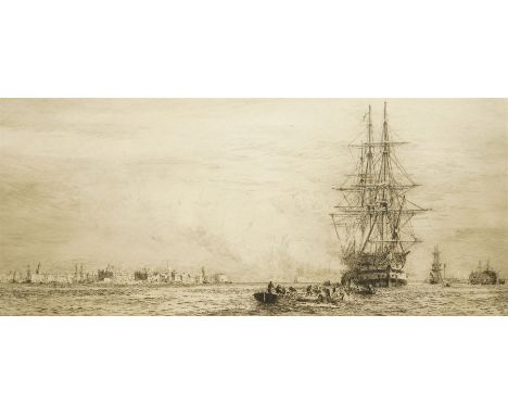 William Lionel Wyllie (British 1851-1931): HMS Victory Firing a Salute at Portsmouth', drypoint etching signed in pencil 24cm