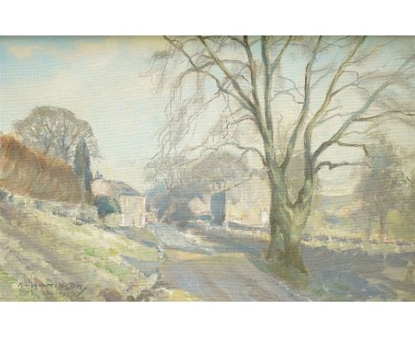 Alfred Wilkinson (Northern British 20th century): 'Thorpe in Winter', oil on canvas board signed, inscribed verso 19cm x 30cm