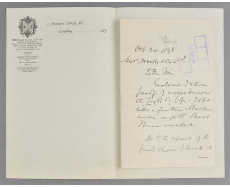 *Elgar (Edward, 1857-1934). Autograph letter signed 'Edward Elgar', Forli, Malvern, 20 October 1898,  to Novello & Co., 'Encl