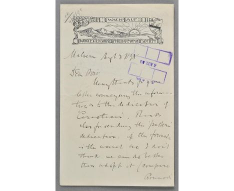 *Elgar (Edward, 1857-1934). Autograph letter signed 'Edward Elgar', Malvern, 3 August 1898,  to Novello & Co., 'Many thanks f