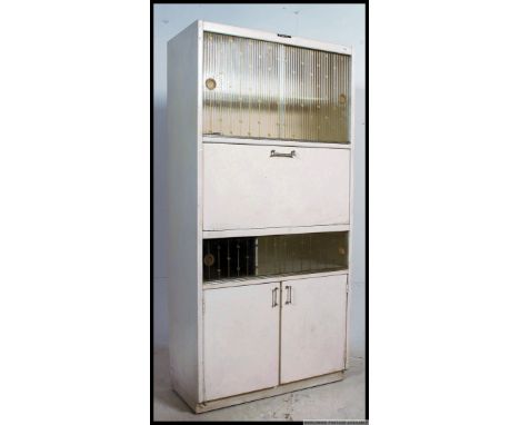 A 1950's retro vintage painted upright kitchen dresser cabinet having a series of drawers and cupboards with fall front centr