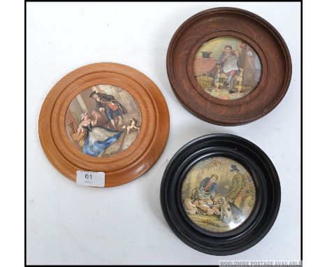 A collection of three framed Victorian ceramic pot lids,each titled The Game Bag, Cries Of London ' Sweet Oranges ', and The 