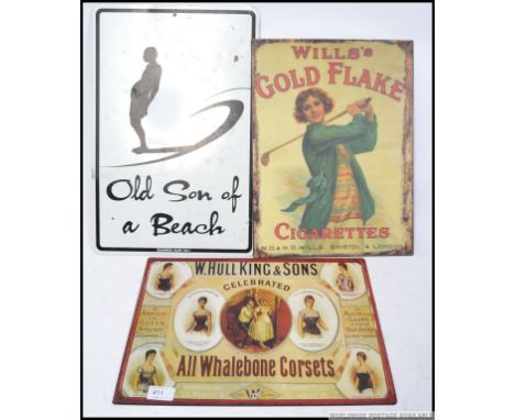 A group of three vintage style shop advertising metal signs, with advertising for