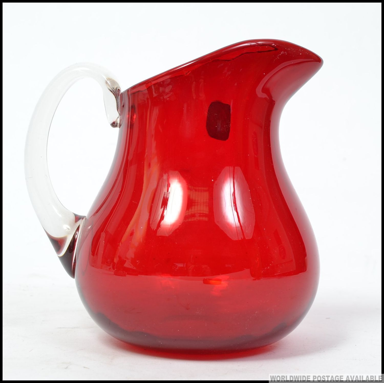 An Original Retro Mid Century Whitefriars Cranberry Glass Pitcher Jug With Clear Glass Handle Re 4091