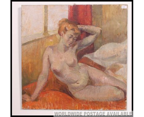 A mid century oil on canvas painting - portrait study of a nude woman in a seated position - unsigned