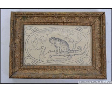 After Louis Wain; A mid-century pencil sketch, very much in the style of Louis Wain, titled to the reverse 'Cat & Fox,'. Unsi