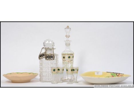A Carltonware leaf dish together with a similar Wade cabbage dish, a Bohemian glass overlay decanter with Wedgwood plates, gl