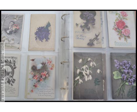 Vintage greetings postcards x 400 in album. Most decorative highly colourful & attractive, mainly with flowers 