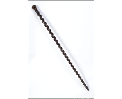 A rare and unusual barleytwist believed rosewood gentlemans walking stick - promenade cane with screw cap finial having snuff