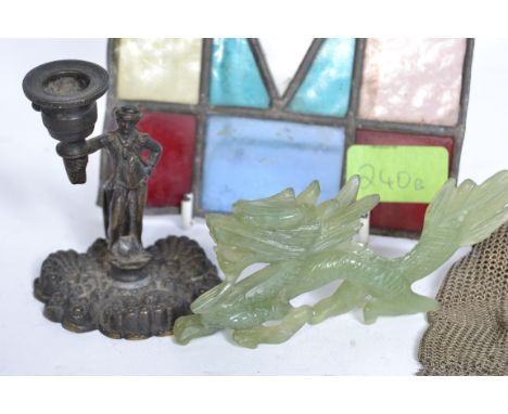 A mixed lot to include a 20th century carved jade dragon, a vintage chain mail purse (AF), and a small early 20th century can