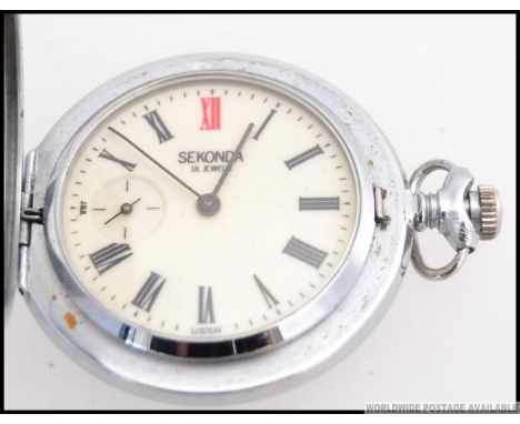 A gents vintage USSR Sekonda full hunted white metal pocket watch, top wind with 18 jewels movement, working order with white
