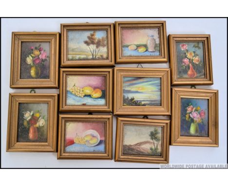 A collection  of 10 miniature oil paintings signed Zafra to the corners of some. To include still life, landscape, seascape, 