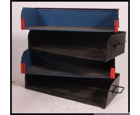 A collection of vintage mid 20th century industrial painted metal Tote trays taken from the ex Douglas motorcycle factory Bri