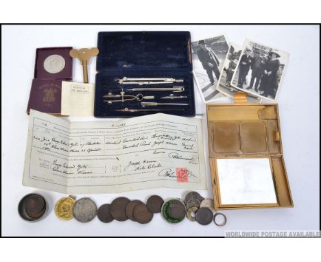 A dealers lot to include masonic cigarette case, maths set, medals, old coins to inc George 3rd cartwheel, festival of Britai