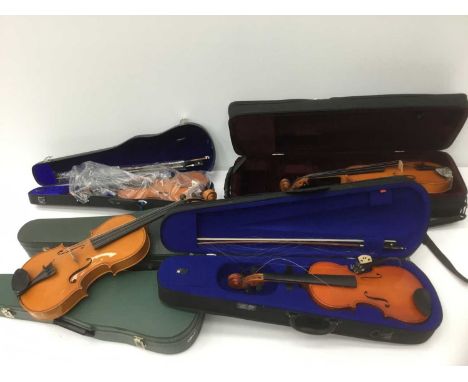 Collection of four student violins and two viola, the violins and one viola all cased, models by Andreas Zeller, Stentor, Sky