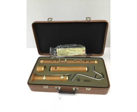 Wooden Moeck bass recorder, cased, as newCondition report: 98cm long when assembled