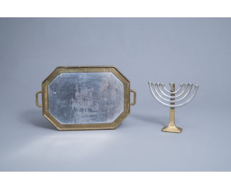 Full title: David Marshall (1942): A menorah or seven-light candelabra in aluminium and brass and an accompanying trayDescrip