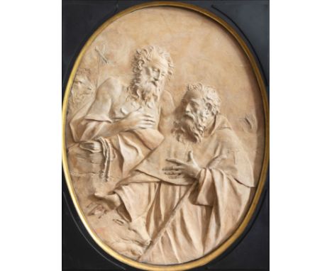 Full title: Italian school, Angelo Gabriello Pio (1690-1770): The meeting of Saint Anthony and Saint Paul, terracotta, Bologn