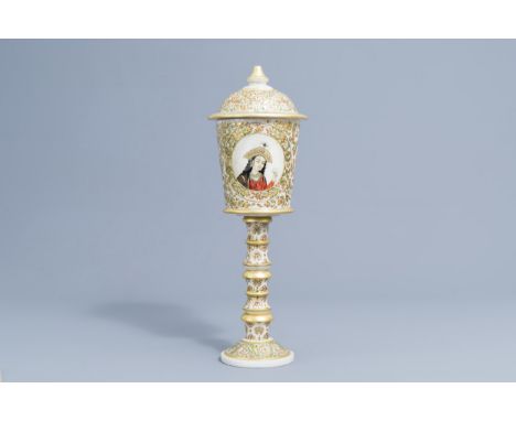 Full title: A large Indian Mughal alabaster cup and cover with two portrait miniatures and gilt floral design, 19th/20th C.De