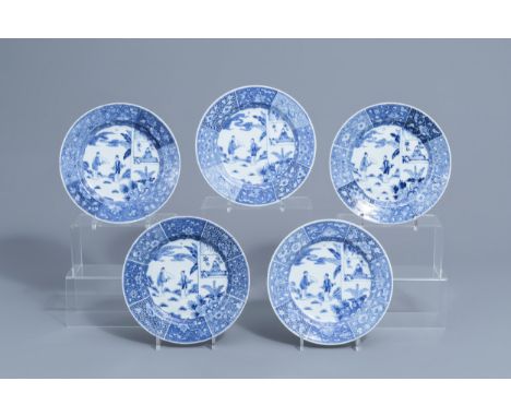 Full title: Five Chinese blue and white 'Romance of the Western Chamber' plates, Yongzheng/QianlongDescription: Dia.: 23,2 cm