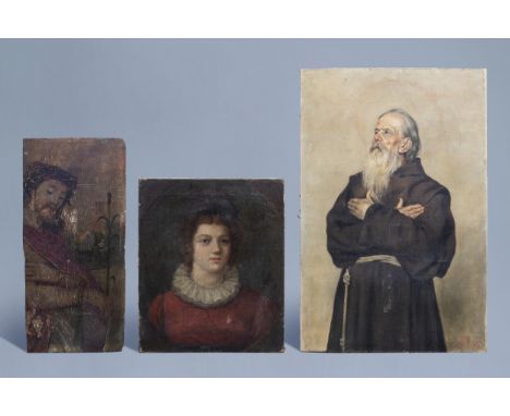 Full title: Flemish and Italian school: Three various works, oil on canvas and panel, 17th and 19th C.Description: Work: 48,7