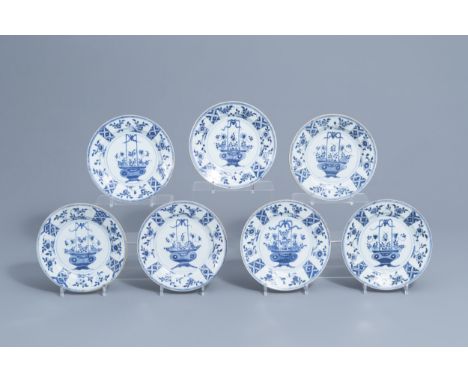 Full title: Seven Chinese blue and white plates with in the center a flower basket and on the edges a floral design, Qianlong