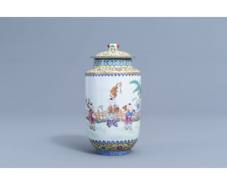 Full title: A Chinese famille rose vase and cover with playing children all around, Jiaqing mark, 20th C.Description: H 19,7 