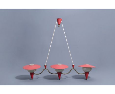 Full title: A glass and metal three-light chandelier in the manner of Jean Royere (1902-1981), 1950's-1960'sDescription: H 20
