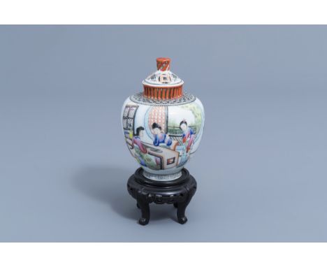 Full title: A Chinese famille rose vase and cover with ladies playing music, Qianlong mark, Republic, 20th C.Description: H 2