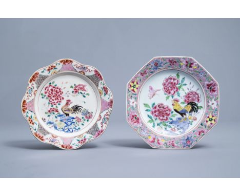 Full title: Two Chinese famille rose plates with a rooster and floral design, QianlongDescription: Dia.: 24,3 - 22,5 cmCondit