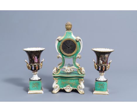 Full title: A three-piece gilt and polychrome old Paris porcelain clock garniture with gallant scenes, most probably Jacob Pe