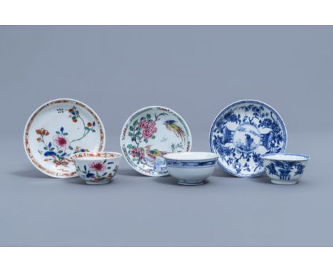 Full title: Three Chinese blue, white and famille rose cups and three saucers, Kangxi and laterDescription: Dia.: 11,7 - 11,6